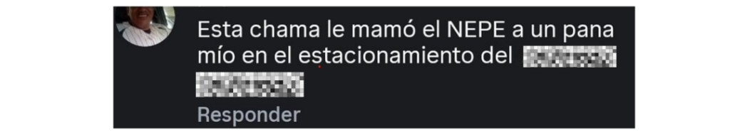 Captura de pantalla de un comentario en redes sociales que dice: Esta chama le mamo el NEPE a un pana en el estacionamiento (censura